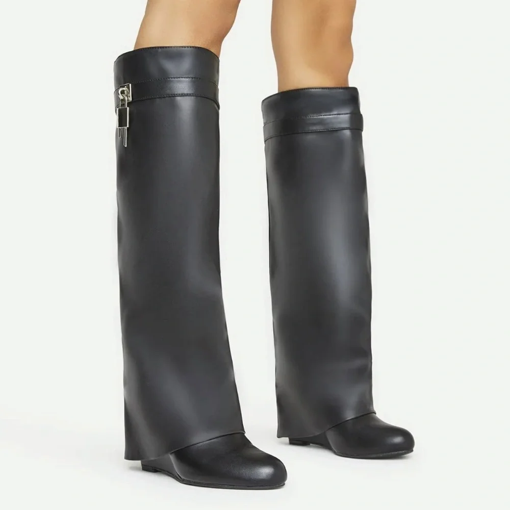 NEW IN BOX Black Fold Over Wedge Heel Wide Calf Pull On Knee High Boots Size 10 - Picture 1 of 16